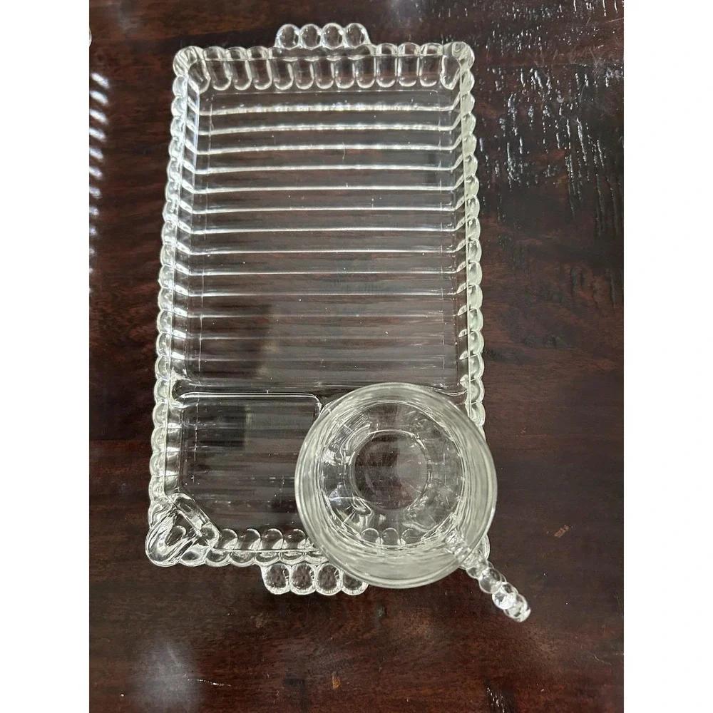 3 Pressed Glass Rectangle Snack Trays w/cups & cigarette ashtrays. Sip and Smoke